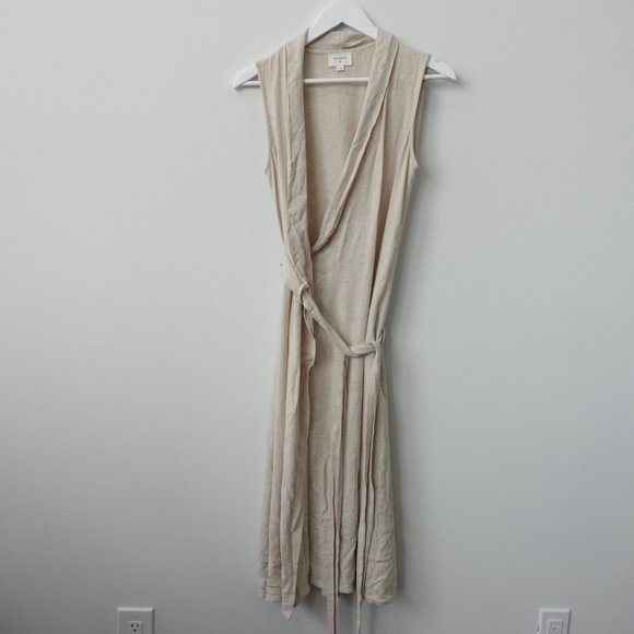 Everly Dress Size Small Linen Wrap Short Mini Casual Surplice Sundress Beige - Picture 1 of 10